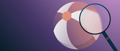 Magnifying glass overlaying abstract overlapping shapes on a purple gradient background
