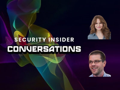 Headshots of a man and a woman with text overlay reading SECURITY INSIDER CONVERSATIONS on a colorful smoke background.