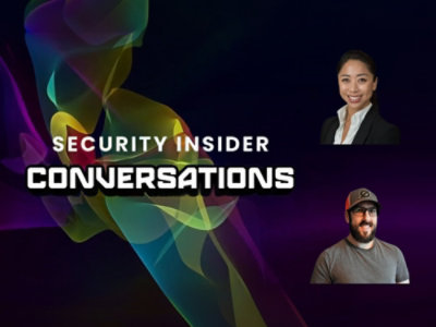 A man with a beard and hat and a woman in a suit with text overlay reading SECURITY INSIDER CONVERSATIONS on a colorful background.