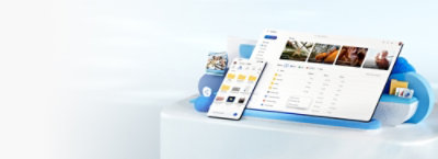 Cloud storage interface with folders/files and a prompt: “Tell me about the school fundraiser PowerPoint.”