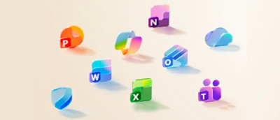 Floating icons of PowerPoint, Word, Excel, and OneNote hover above a colorful, abstract 3D spiral against a gradient background.