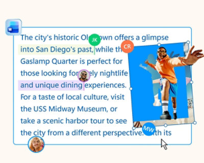 A man on a skateboard in front of a text box describing San Diego's landmarks.