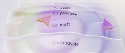 A close-up of a paper with the text Co-assist, Co-produce, Co-draft, Co-innovate.
