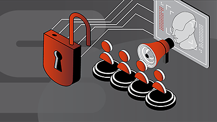 Illustration of a padlock, digital connections, a loudspeaker, and four human figures, symbolizing security and communication
