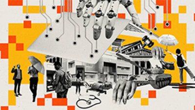 Eine Collage von Objekten, Menschen und Maschinen mit einem kleinen Flugzeug im Hintergrund