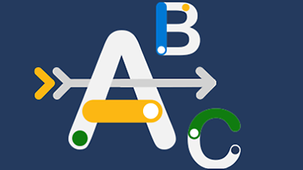 Logo, das sich aus den gestalterisch aufbereiteten Buchstaben ‚A‘ mit einem hindurch reichenden Pfeil sowie ‚B‘ und ‚C‘ vor einem dunkelblauen Hintergrund zusammensetzt