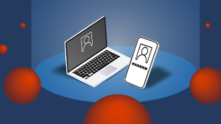 Илюстрация на лаптоп и смартфон със съвпадащи икони на заключен екран, заобиколени от плаващи червени сфери,