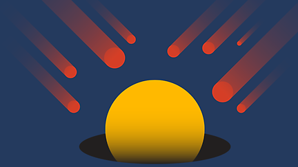 A graphic illustration showing a glowing yellow sphere with red beams pointing towards it from above, all against a dark blue background.