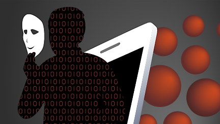 A person silhouette made of code holding a mask and stepping out of a phone. They are followed by red bubbles representing threat actors.
