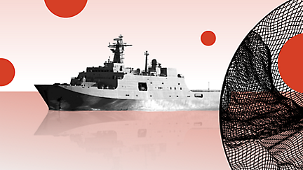 Abstract illustration of a naval ship with graphic red circles and black mesh elements against a pink background.