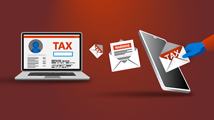 Graphic illustration showing a laptop with tax documents on screen, paper documents flying into a folder marked 'tax' 