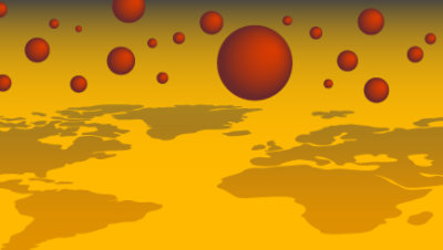 Abstrakte Illustration mit roten Kugeln über einer stilisierten goldenen Landschaft