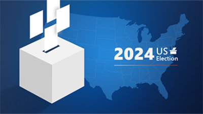 A white ballot box with white squares and text 2024 US Election on a blue background.