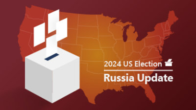 A white box with a blue and black stripe, a flag, and text reading 2024 US Election Russia Update.