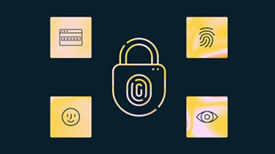 Biometric security icons surrounding a fingerprint lock