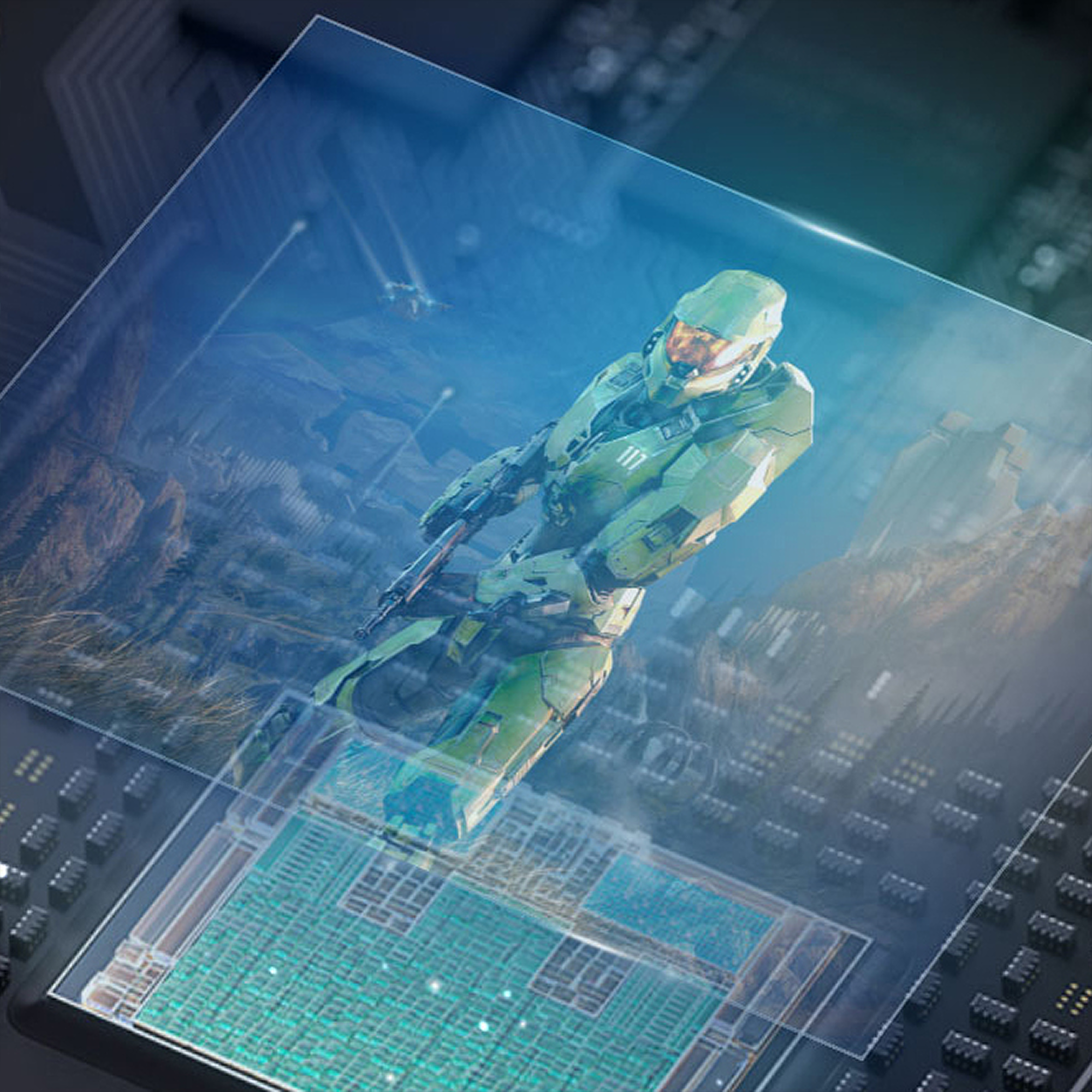 A holographic style image of Master Chief from Halo.