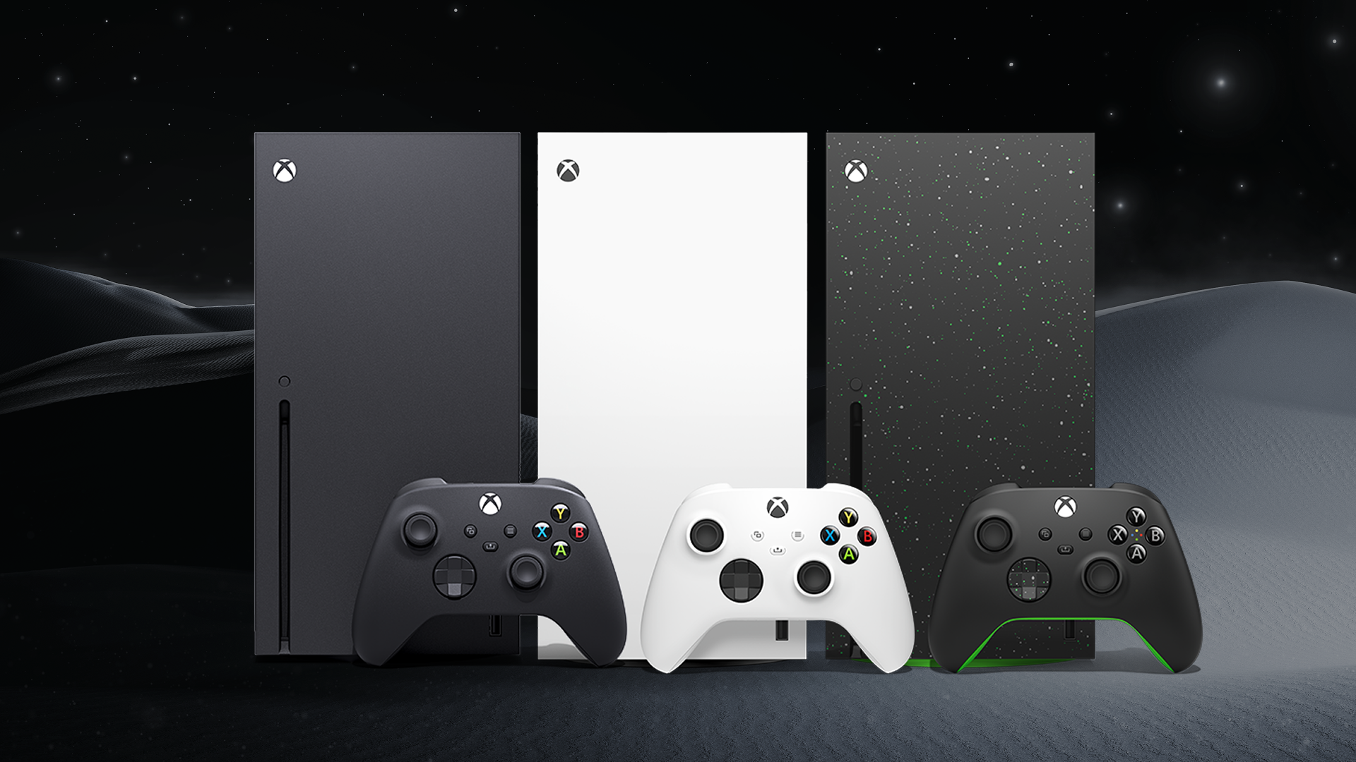 Three XBOX Series X consoles with coordinating XBOX Wireless Controllers in Carbon Black, Robot White, and Galaxy Black in a row.