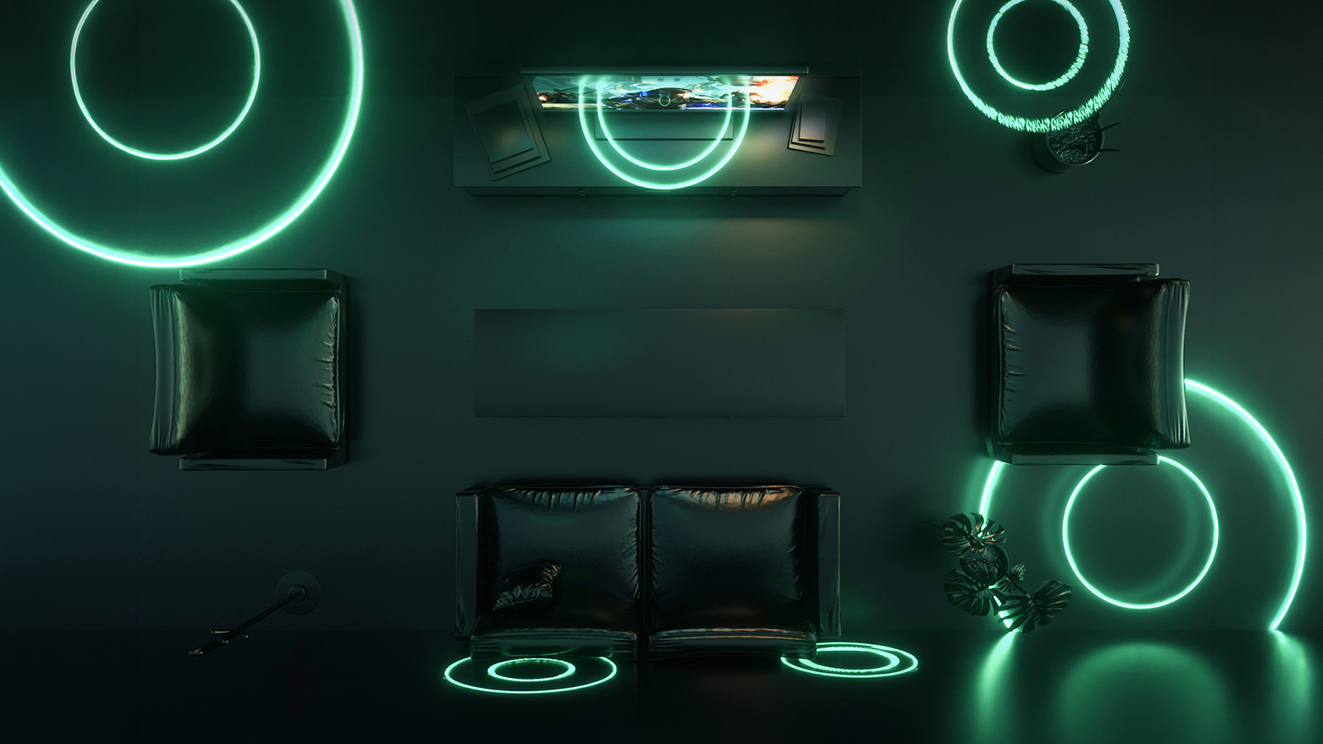 A glowing visualization of audio traveling through a living room.