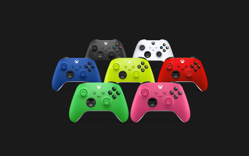 XBOX Wireless Controllers in various colors.