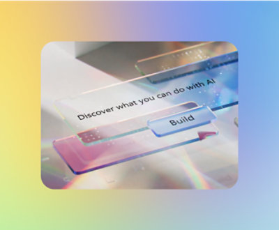 A stylized interface with the text "Discover what you can do with AI" and a button labeled "Build.