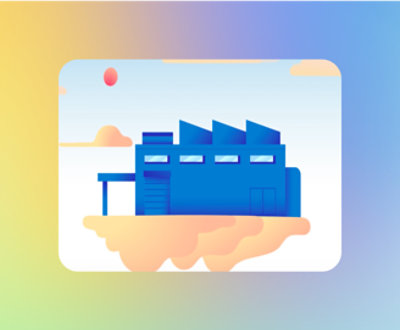  A blue building on a cloud.