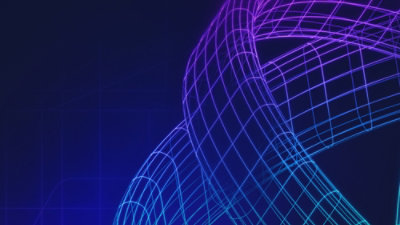 Abstract blue and purple wireframe ribbon illustration on a dark grid background.