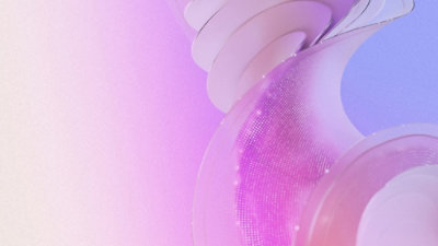Abstract pink and purple geometric shapes with layered translucent curves and dotted textures.