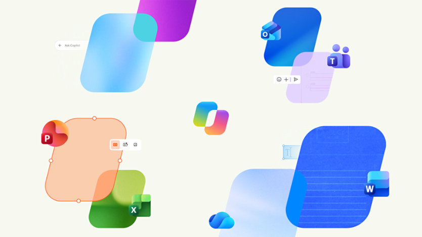 Microsoft 365 Copilot logo centered among floating Microsoft app visuals.