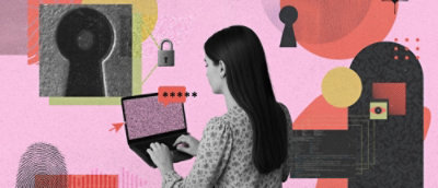 A graphical image with a person working in laptop