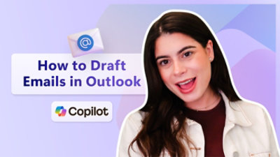 A close-up of a woman's face with text reading How to Draft Emails in Outlook Copilot.