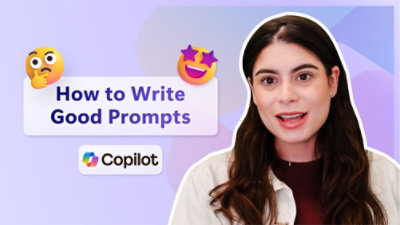 A close-up image showing hair, neck, and text that reads, How to Write Good Prompts Copilot.