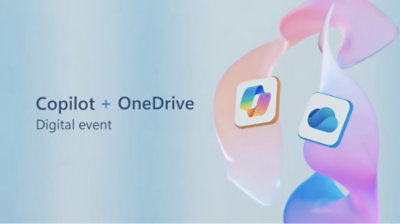 A close-up of a logo featuring a cloud and the text Copilot + OneDrive Digital Event.