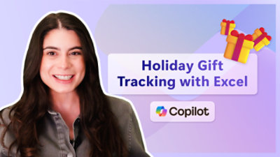 A group of yellow and red wrapped presents with text reading Holiday Gift Tracking with Excel Copilot.