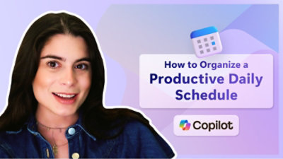 A person wearing a blue jacket is smiling with text in the image that reads How to Organize a Productive Daily Schedule Copilot.