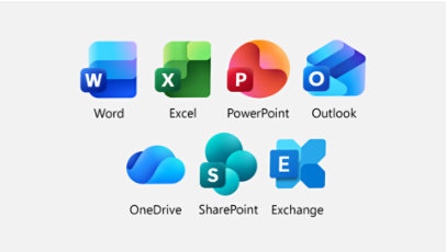 Microsoft 365 app icons including Word, Excel, PowerPoint, Outlook, OneDrive, SharePoint, and Exchange.