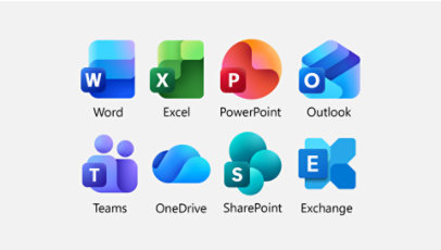Microsoft 365 app icons, including Word, Excel, PowerPoint, Outlook, Teams, OneDrive, SharePoint, and Exchange.