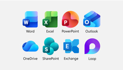 Microsoft 365 app icons including Word, Excel, PowerPoint, Outlook, OneDrive, SharePoint, Exchange, and Loop.