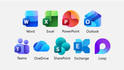 Microsoft 365 app icons including Word, Excel, PowerPoint, Outlook, Teams, OneDrive, SharePoint, Exchange, and Loop.