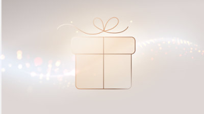 A minimalist line-art gift box with a ribbon sits against a soft champagne background with glowing, sparkling light effects.