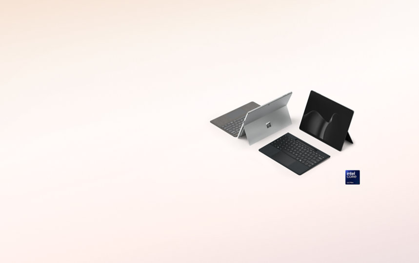 Um Surface Pro para Empresas na cor Platina e um Surface Pro para Empresas na cor Preto, Copilot+ PCs com processadores Intel®, emparelhados com o Teclado Flex para Surface Pro de 13 polegadas para Empresas.