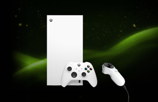 A XBOX Series X White console with a wireless control and an adaptative joystick over a flowing green light wave.   