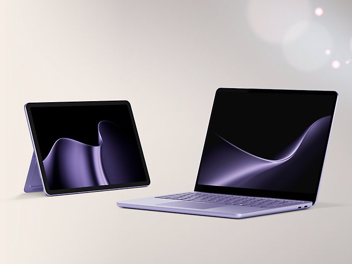 A 12-inch Surface Pro and a 13-inch Surface Laptop, both in the color violet