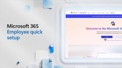 Pantalla de un portátil que muestra el texto Configuración rápida para empleados de Microsoft 365