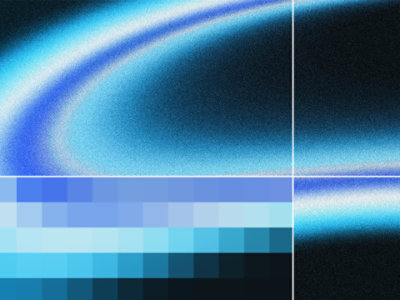 A two-toned, blue ellipse split into quadrants with a partial pixelation overlay.