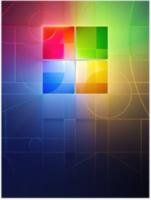 The Microsoft logo glows like stained glass.