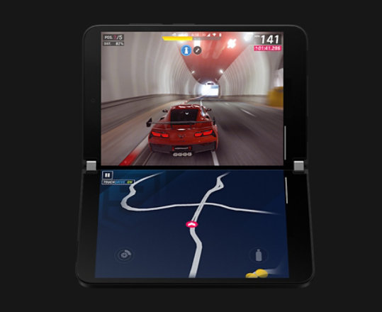 Surface Duo 2 with Asphalt 9 displayed on two screens.