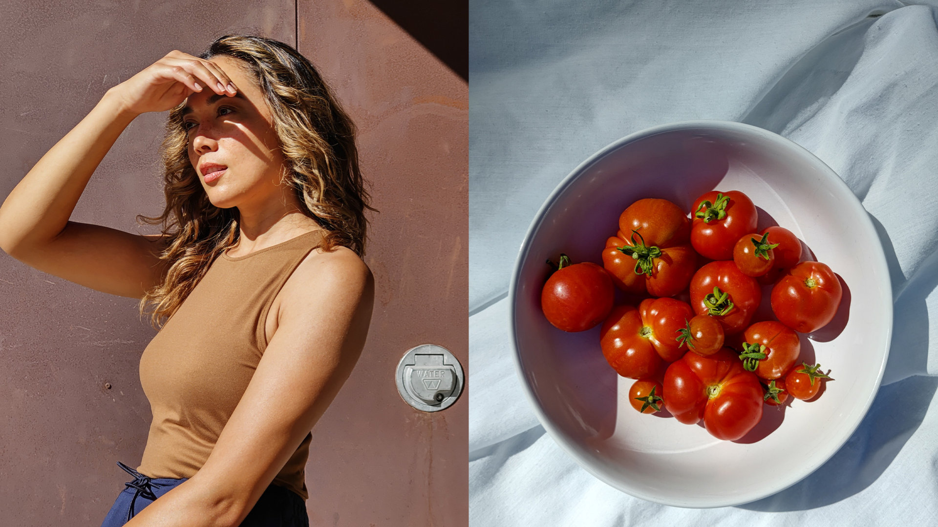 A picture of a person shielding their eyes from the sun besdie a picture of a bowl of tomatoes.