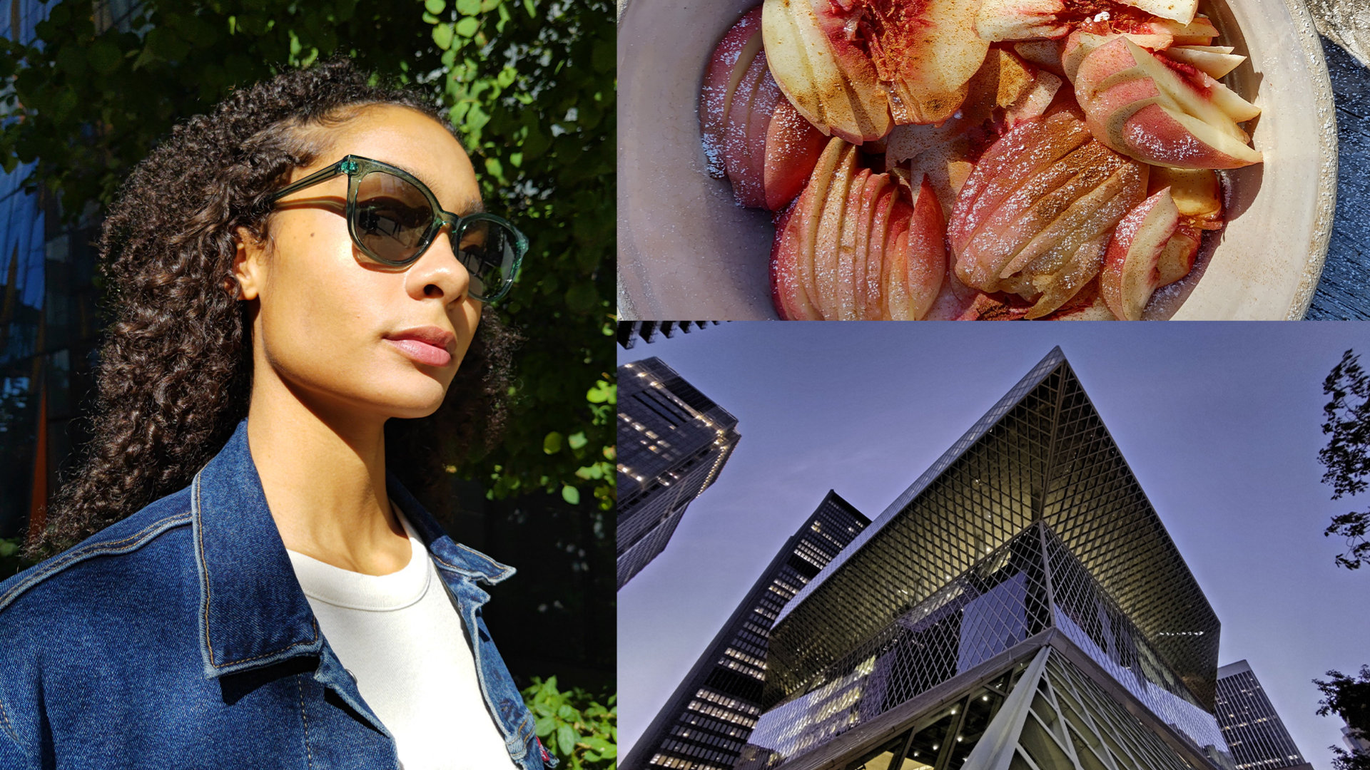 Three high-definition photos of a person outside,  sliced fruit in a bowl, and the Seattle Public Library.
