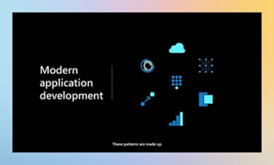 A black background featuring blue and white icons with text that reads Modern application development.