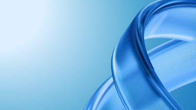 Light blue gradient background featuring overlapping translucent blue ribbon-like curves on the right.
